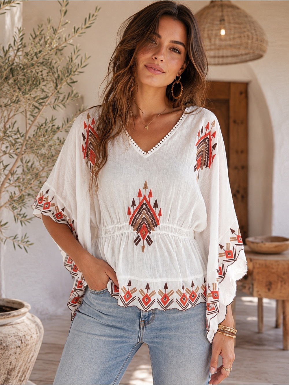 RAGA NWT White Embroidered Boho Blouse Small Peasant Poncho Sleeve Top